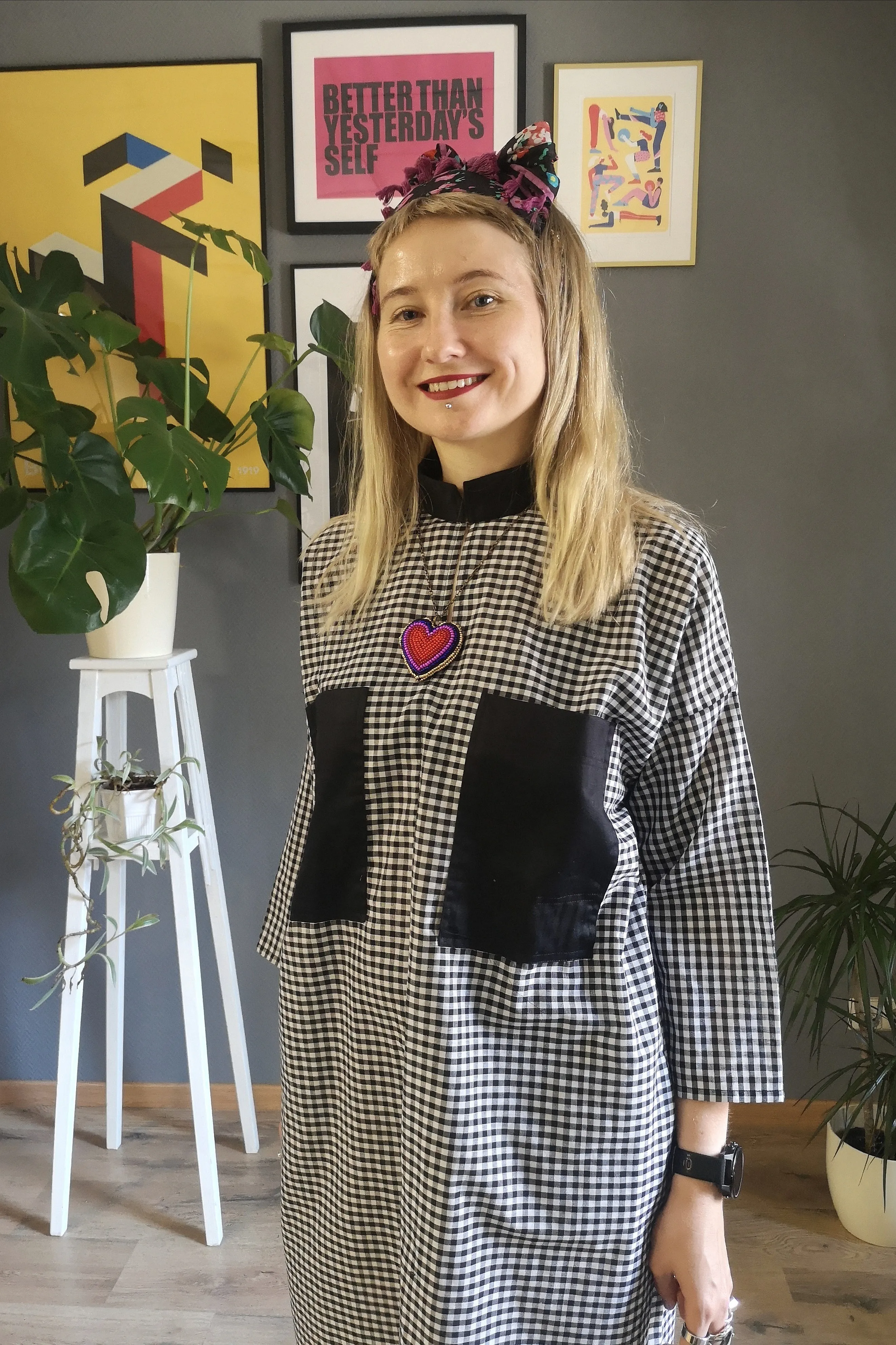 Oversized Statement Shirt Dress in Black and White Check Print Light Cotton Fabric