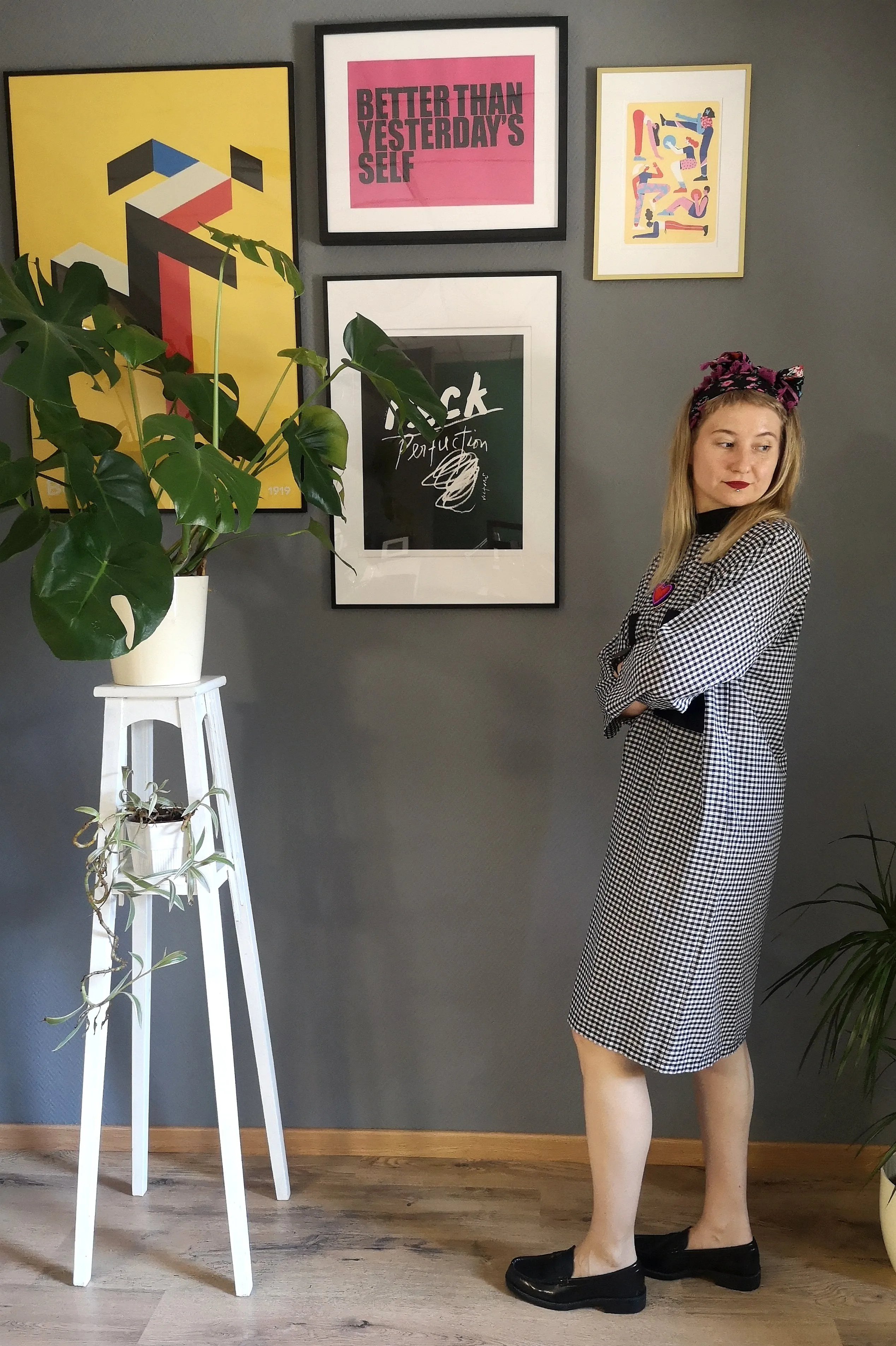 Oversized Statement Shirt Dress in Black and White Check Print Light Cotton Fabric