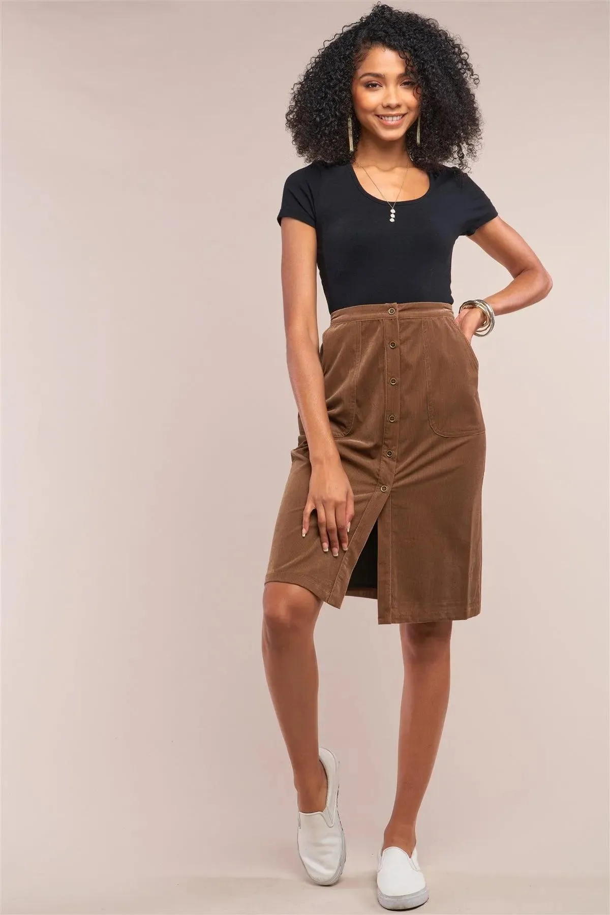 Peanut Brown High Waisted Corduroy Button Down Pencil Mini Skirt /1-2-2-1