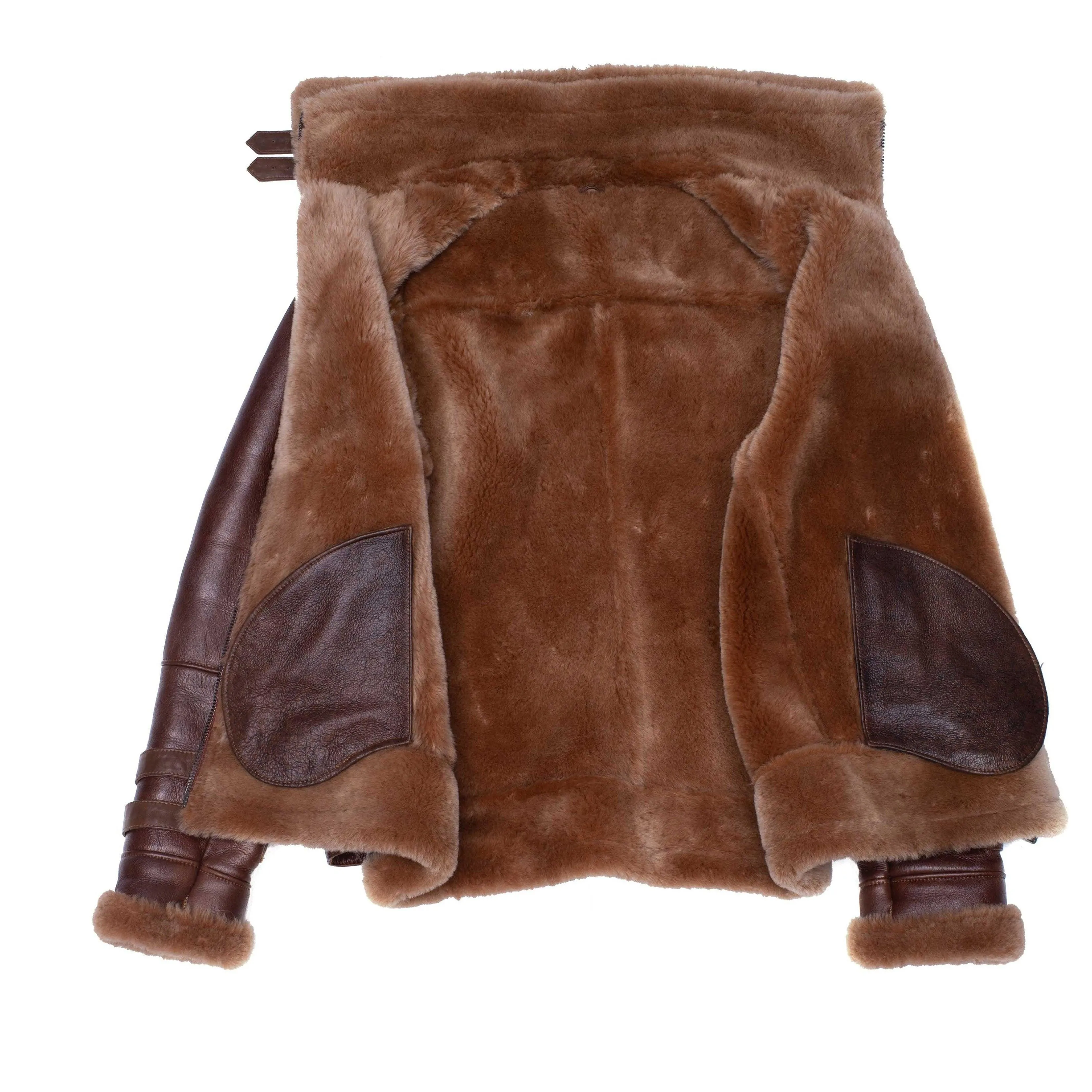 Phan's Aviator Brown bomber shearling jacket with a waist belt