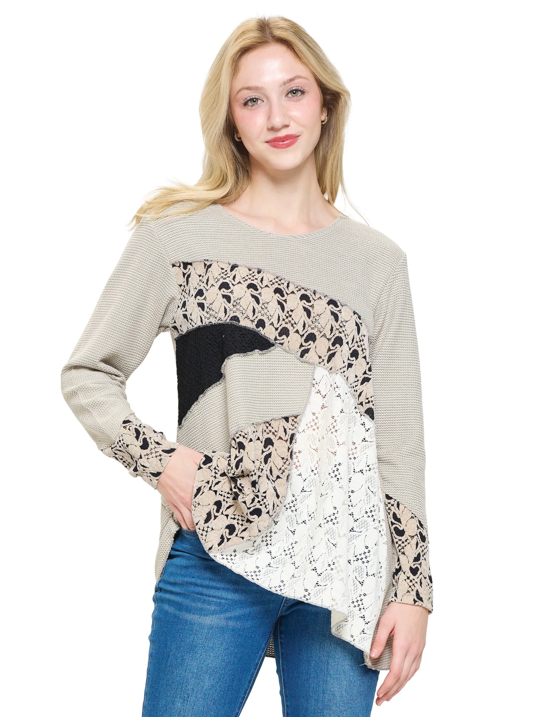 Pullover Top Patchwork Art Colorblock Textured