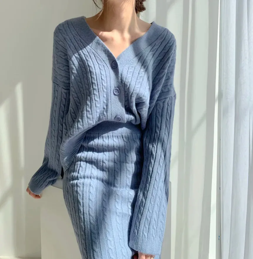 "Women's Two-Piece Knitted Dress Set: Elegant Autumn Winter Sweater Dress Suit with Long Sleeves and Button Detailing"