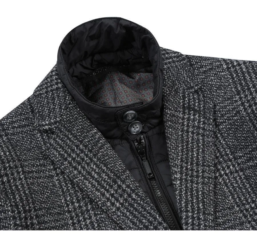 Renoir Mens Wool Blend Black/White Windowpane 3/4 Length Winter Coat with Neck Liner