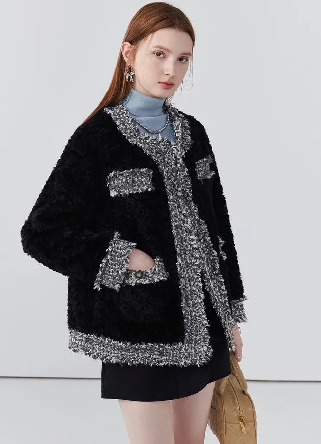 Retro round neck stitching women fur coat winter thickened cotton coat