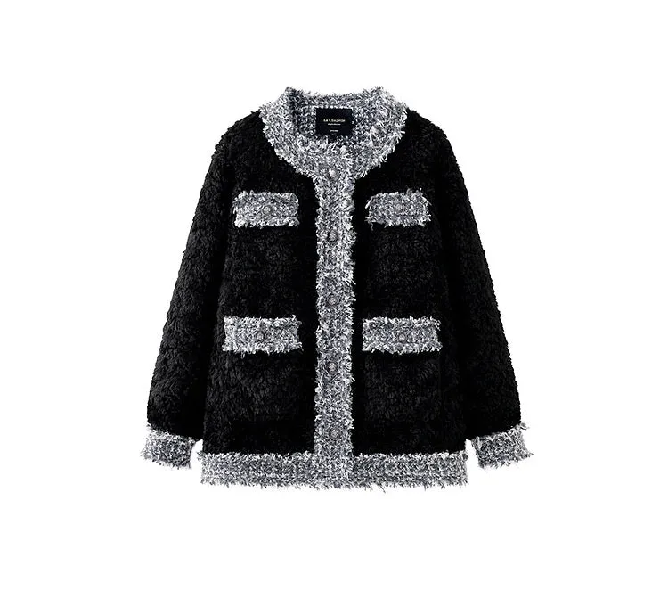 Retro round neck stitching women fur coat winter thickened cotton coat