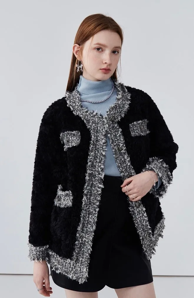 Retro round neck stitching women fur coat winter thickened cotton coat