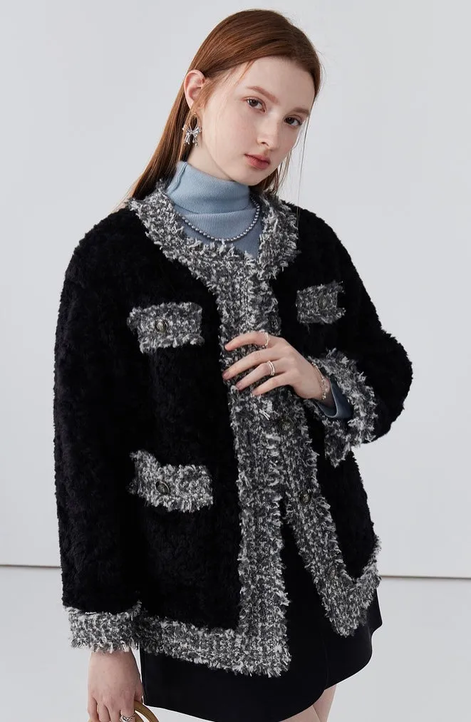 Retro round neck stitching women fur coat winter thickened cotton coat