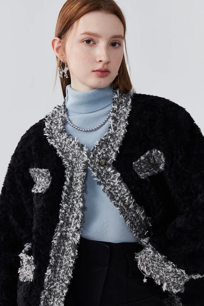 Retro round neck stitching women fur coat winter thickened cotton coat