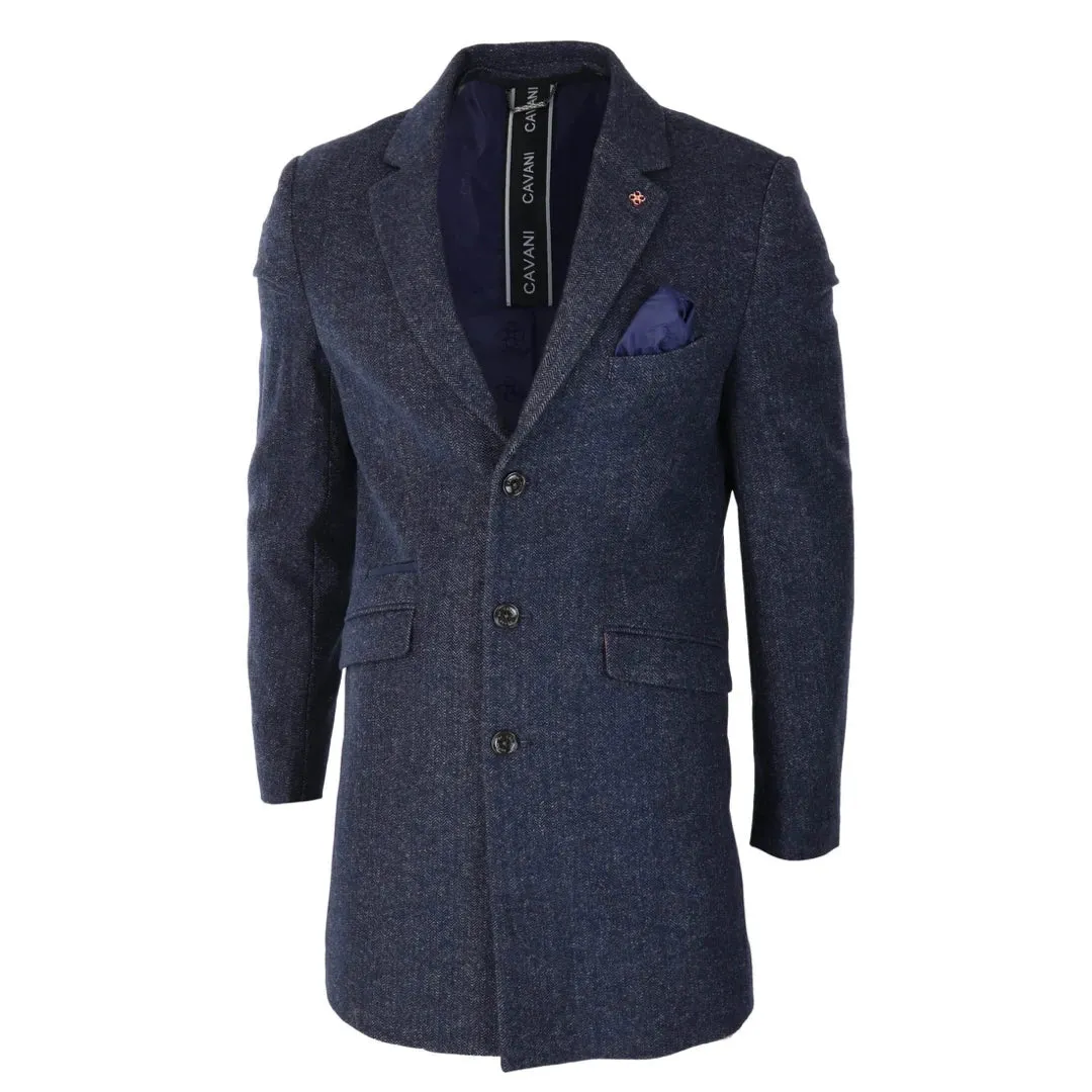 Roman - Men's 3/4 Wool Overcoat Jacket Herringbone Tweed 3 Button Coat