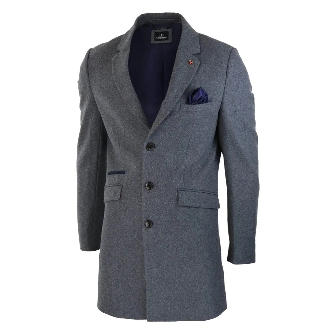 Roman - Men's 3/4 Wool Overcoat Jacket Herringbone Tweed 3 Button Coat