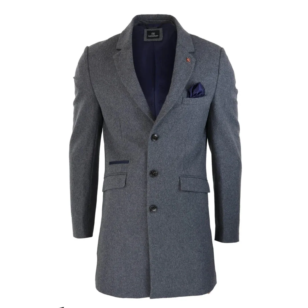 Roman - Men's 3/4 Wool Overcoat Jacket Herringbone Tweed 3 Button Coat