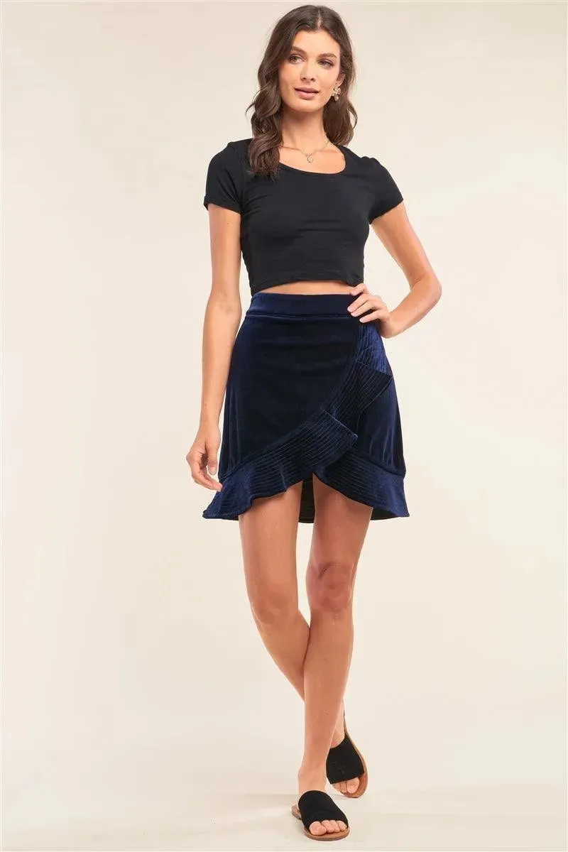 Royal Blue Velvet High Waisted Asymmetrical Ribbed Flare Hem Mini Skirt /1-2-1