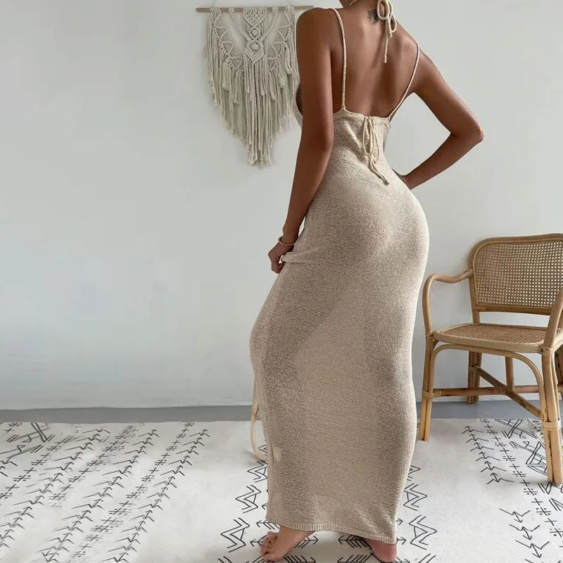 Sexy Deep V Neck Halter Tie Back Cami Sheer Knit Cover Up Maxi Dress