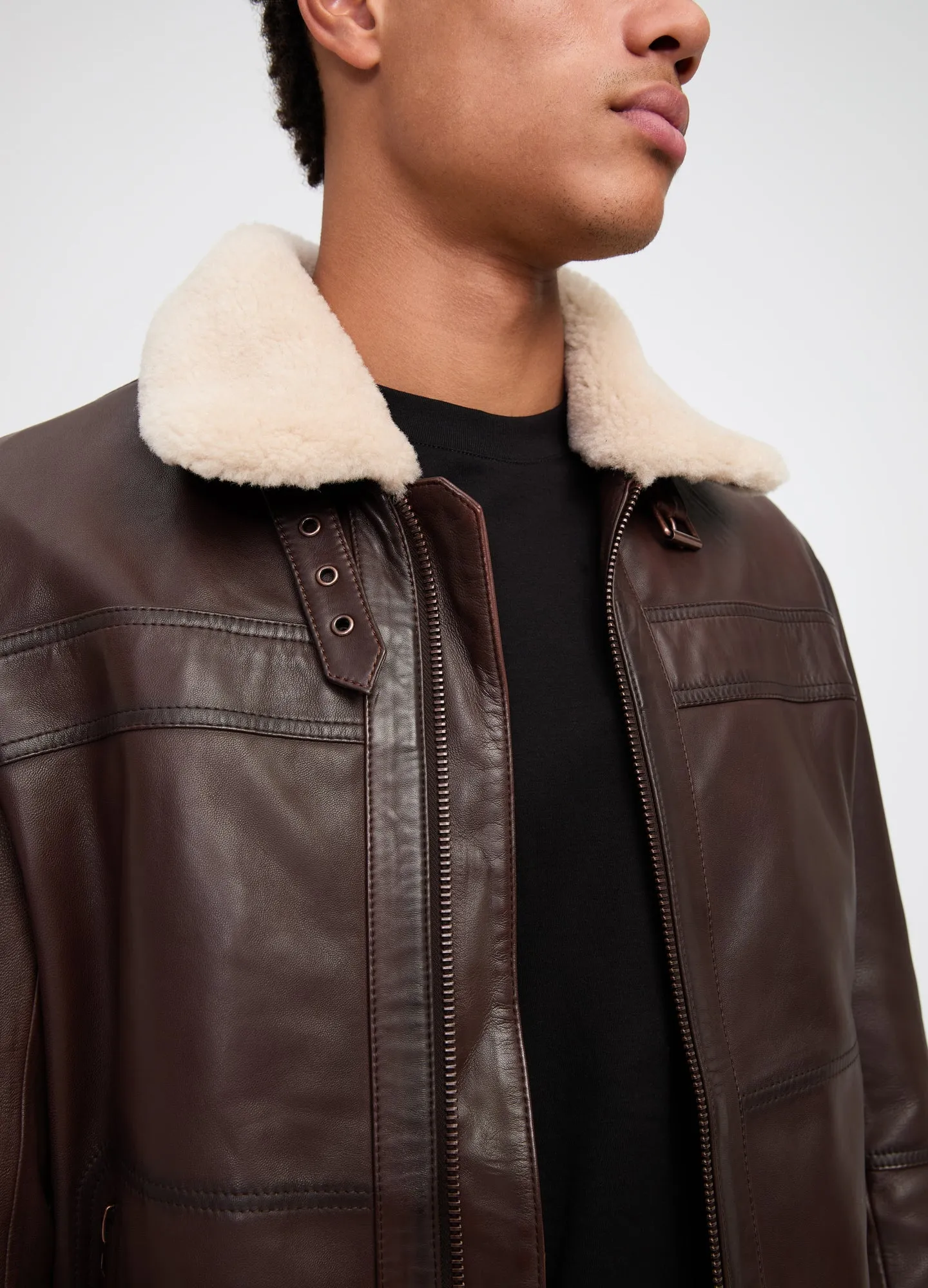 Shearling Trim Leather Jacket Tan Dark