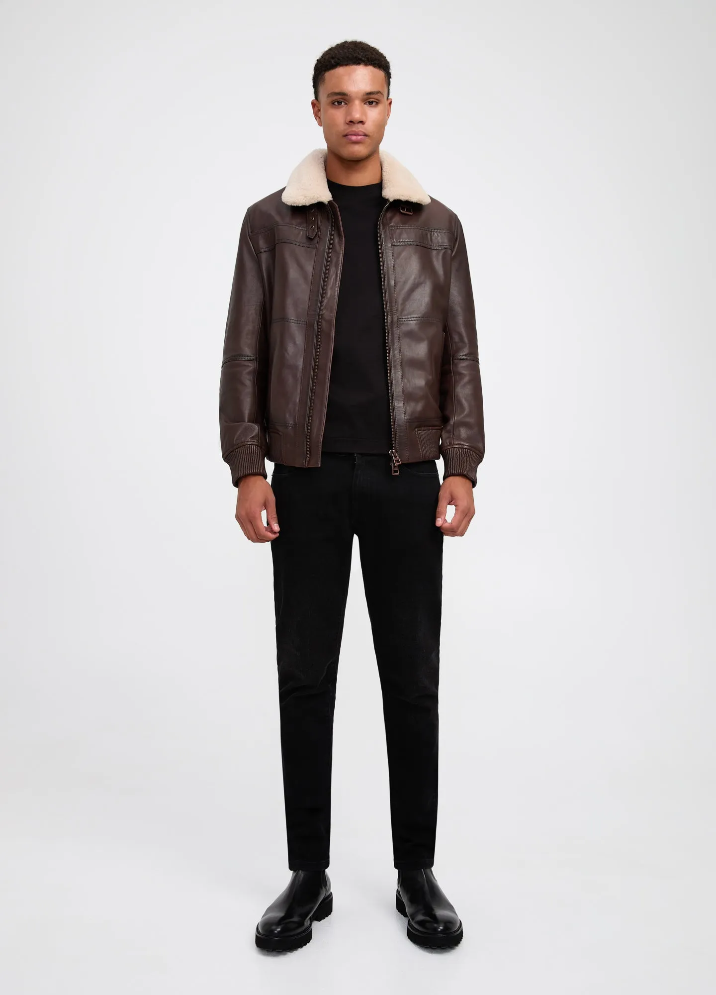 Shearling Trim Leather Jacket Tan Dark