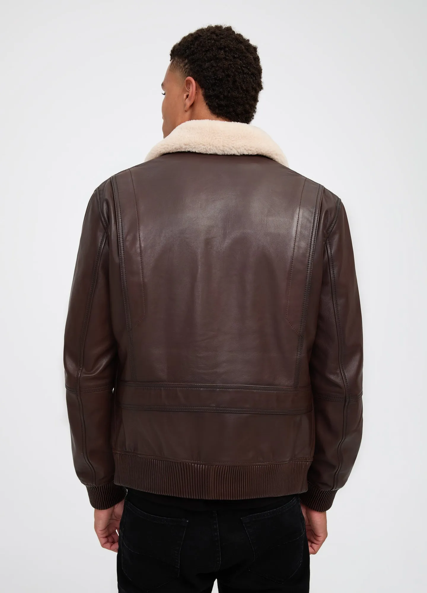 Shearling Trim Leather Jacket Tan Dark