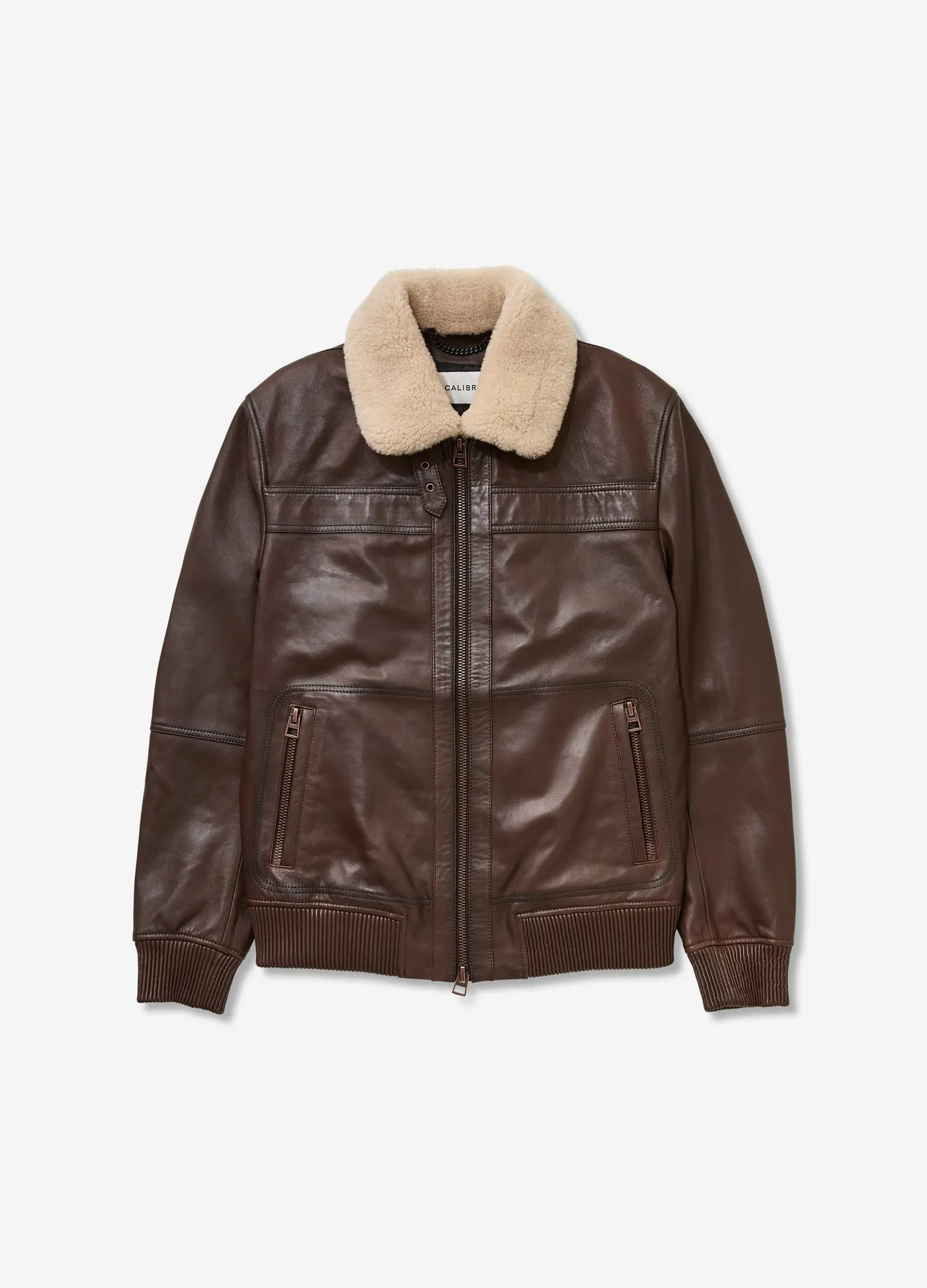 Shearling Trim Leather Jacket Tan Dark