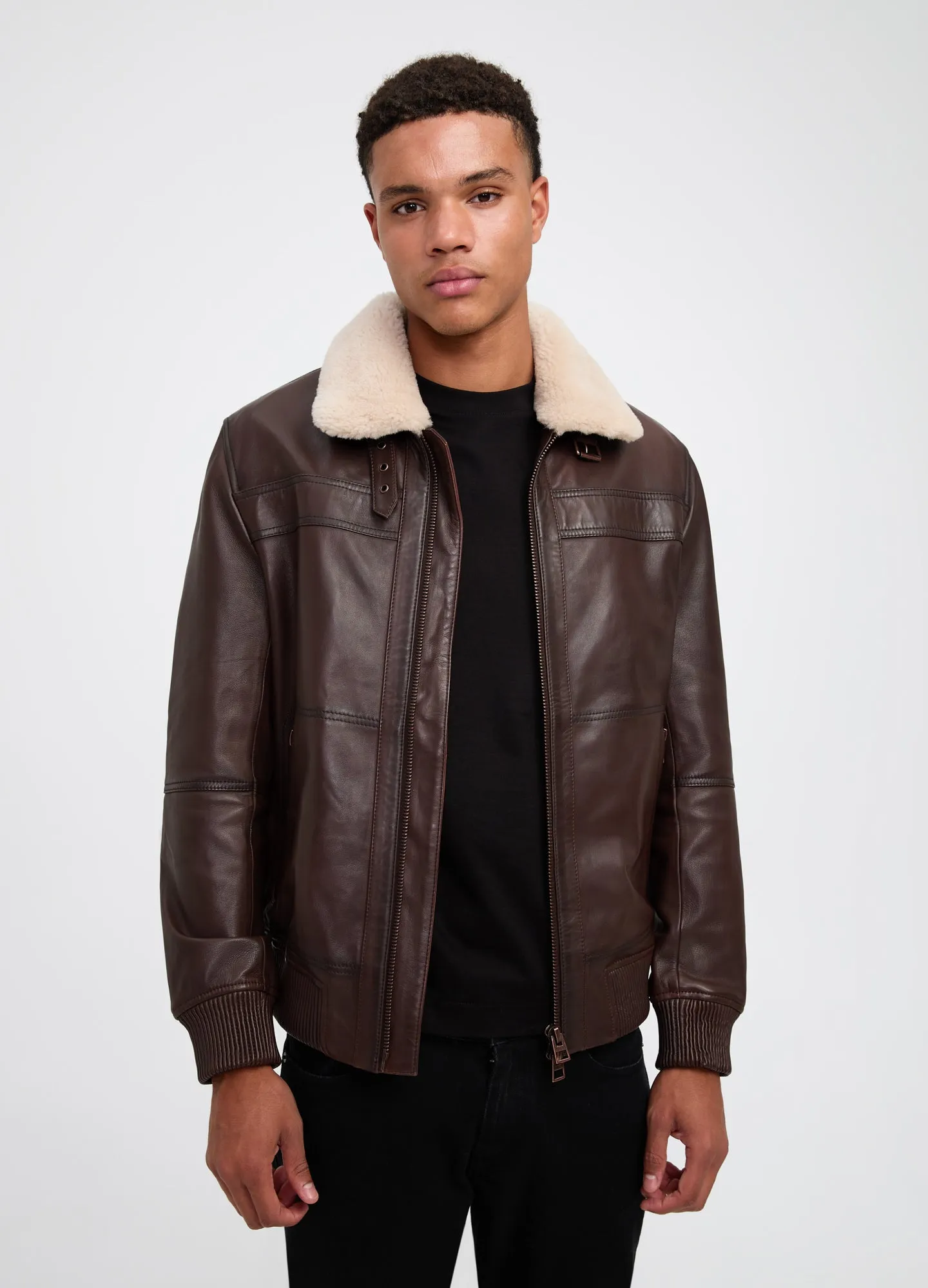 Shearling Trim Leather Jacket Tan Dark