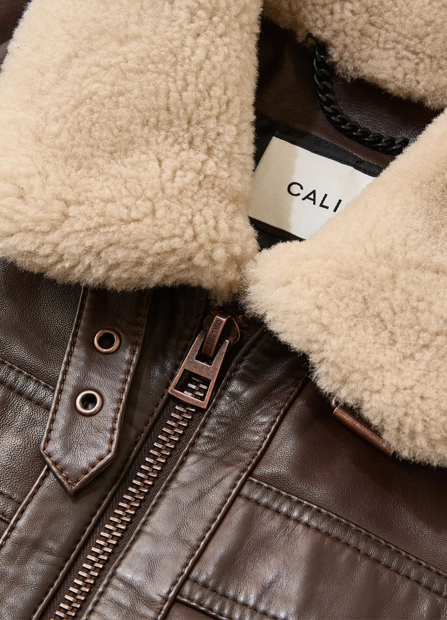 Shearling Trim Leather Jacket Tan Dark