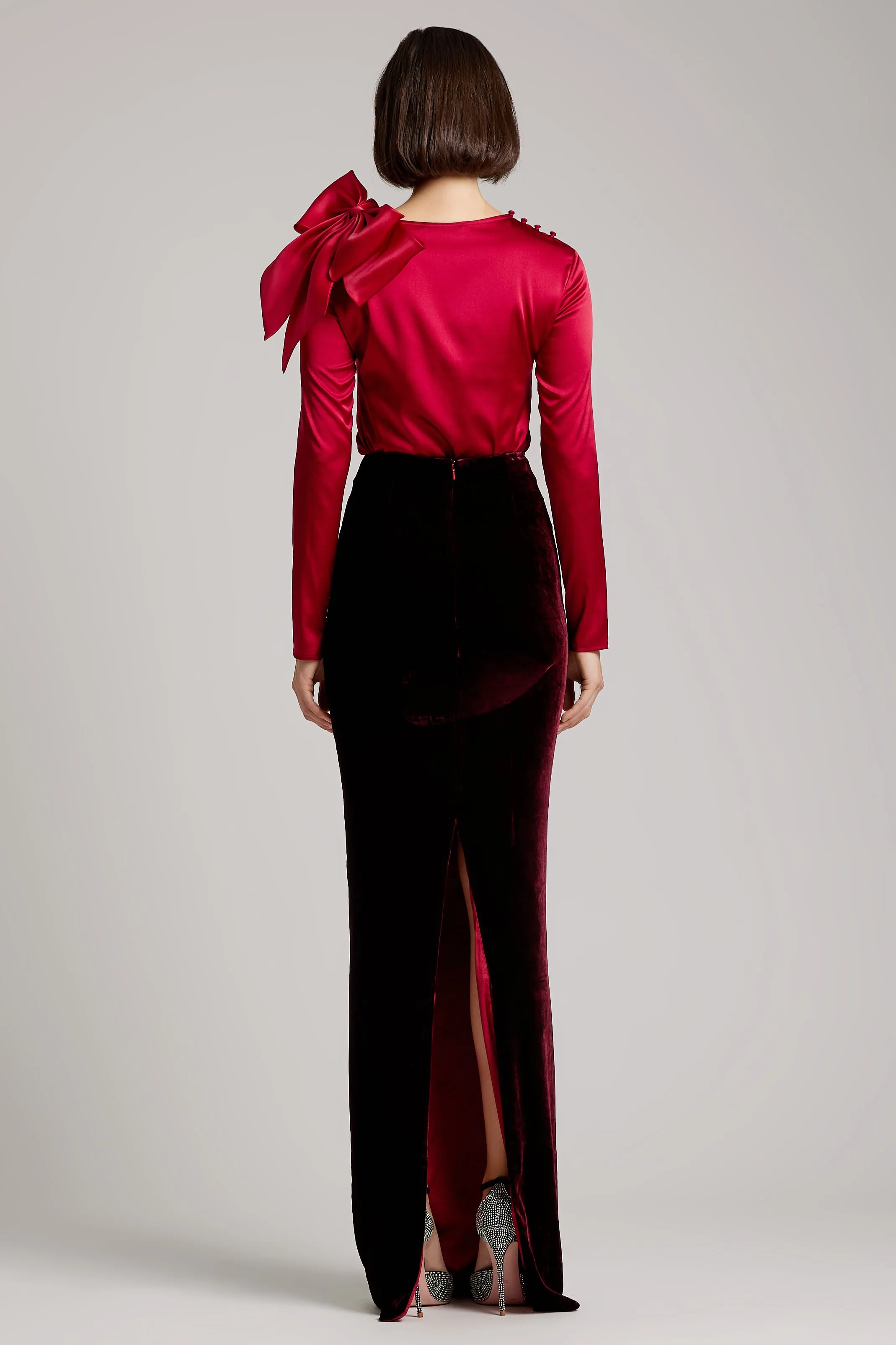 Silk Velvet High Waisted Maxi Skirt in Maroon