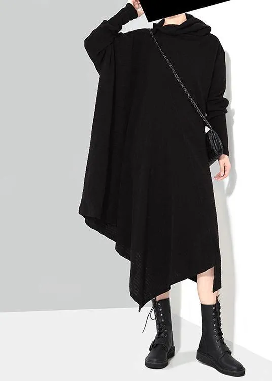 Solid Black Woman Winter Asymmetric Knitted Sweater Dress