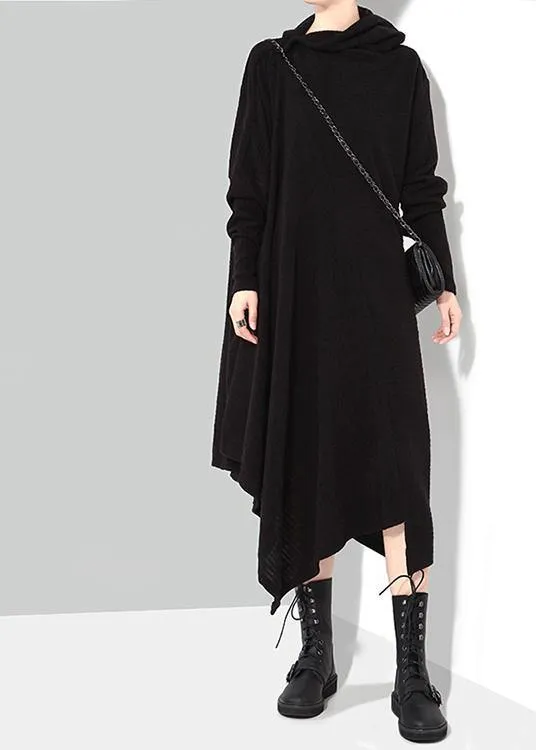 Solid Black Woman Winter Asymmetric Knitted Sweater Dress