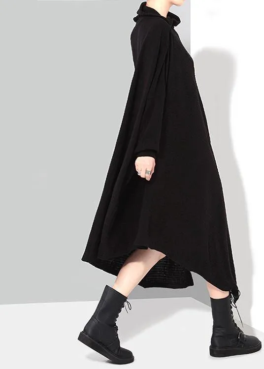 Solid Black Woman Winter Asymmetric Knitted Sweater Dress