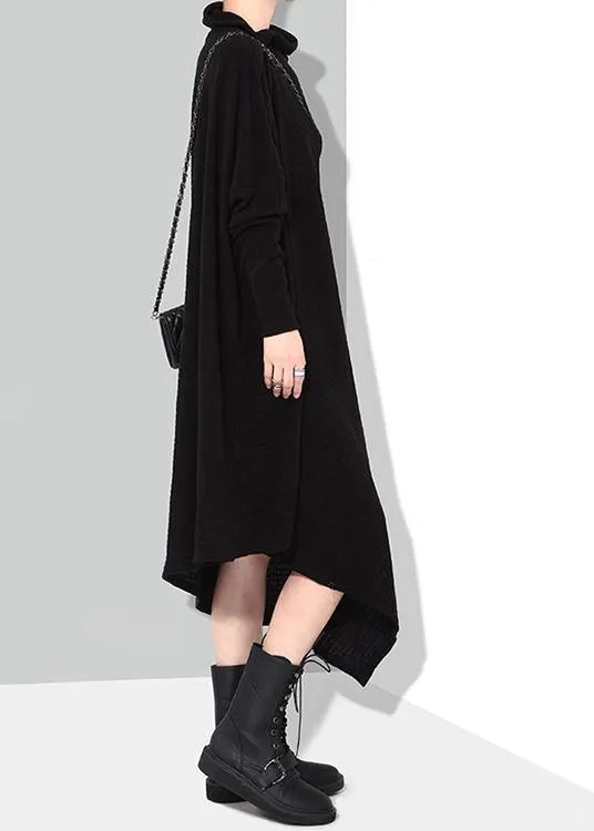 Solid Black Woman Winter Asymmetric Knitted Sweater Dress