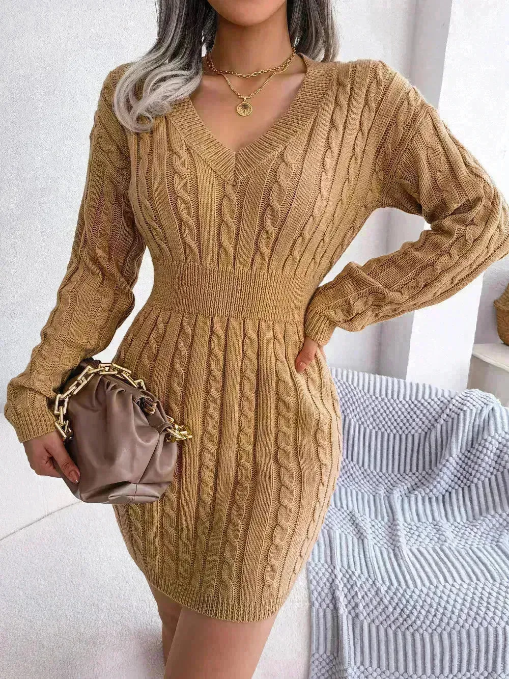 Solid Color V-Neck Long Sleeve Slim fit Winter Knit Mini  sweater Dress Slim