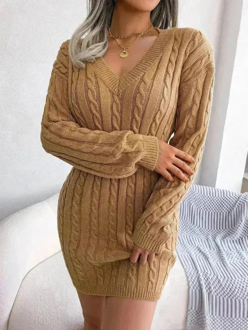 Solid Color V-Neck Long Sleeve Slim fit Winter Knit Mini  sweater Dress Slim