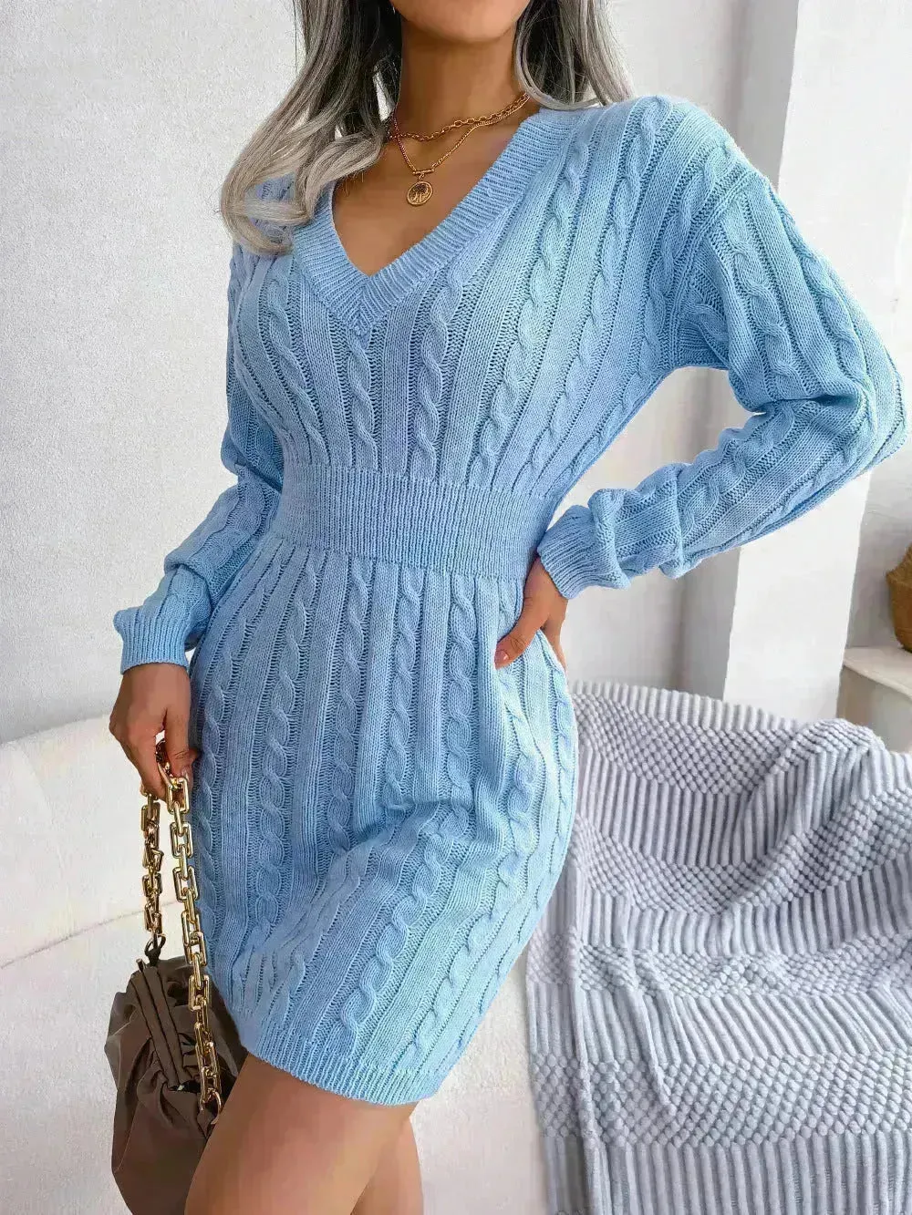 Solid Color V-Neck Long Sleeve Slim fit Winter Knit Mini  sweater Dress Slim