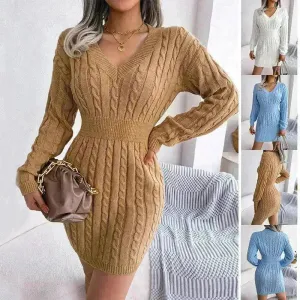 Solid Color V-Neck Long Sleeve Slim fit Winter Knit Mini  sweater Dress Slim