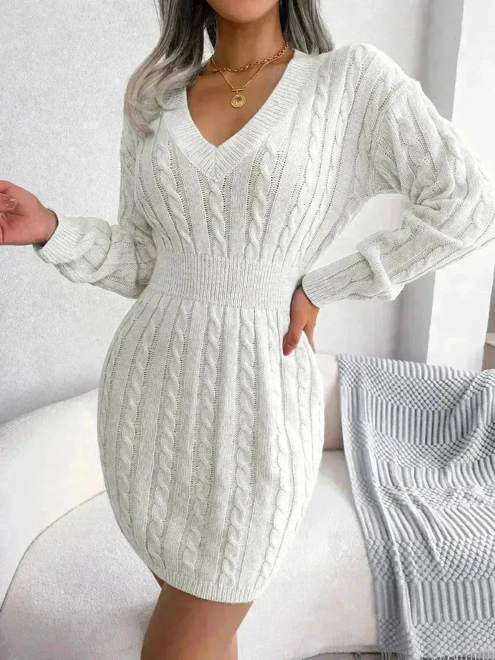 Solid Color V-Neck Long Sleeve Slim fit Winter Knit Mini  sweater Dress Slim