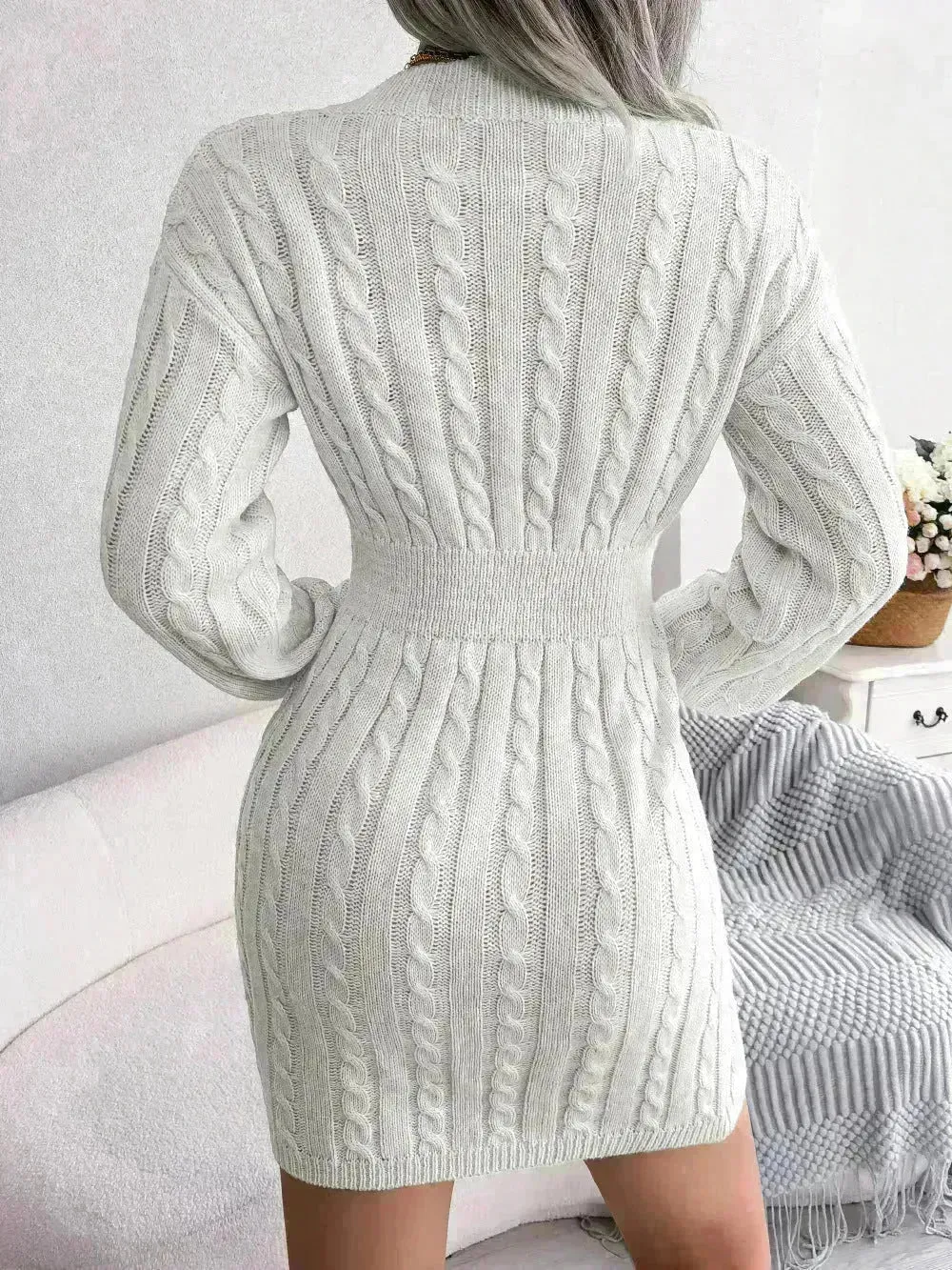 Solid Color V-Neck Long Sleeve Slim fit Winter Knit Mini  sweater Dress Slim