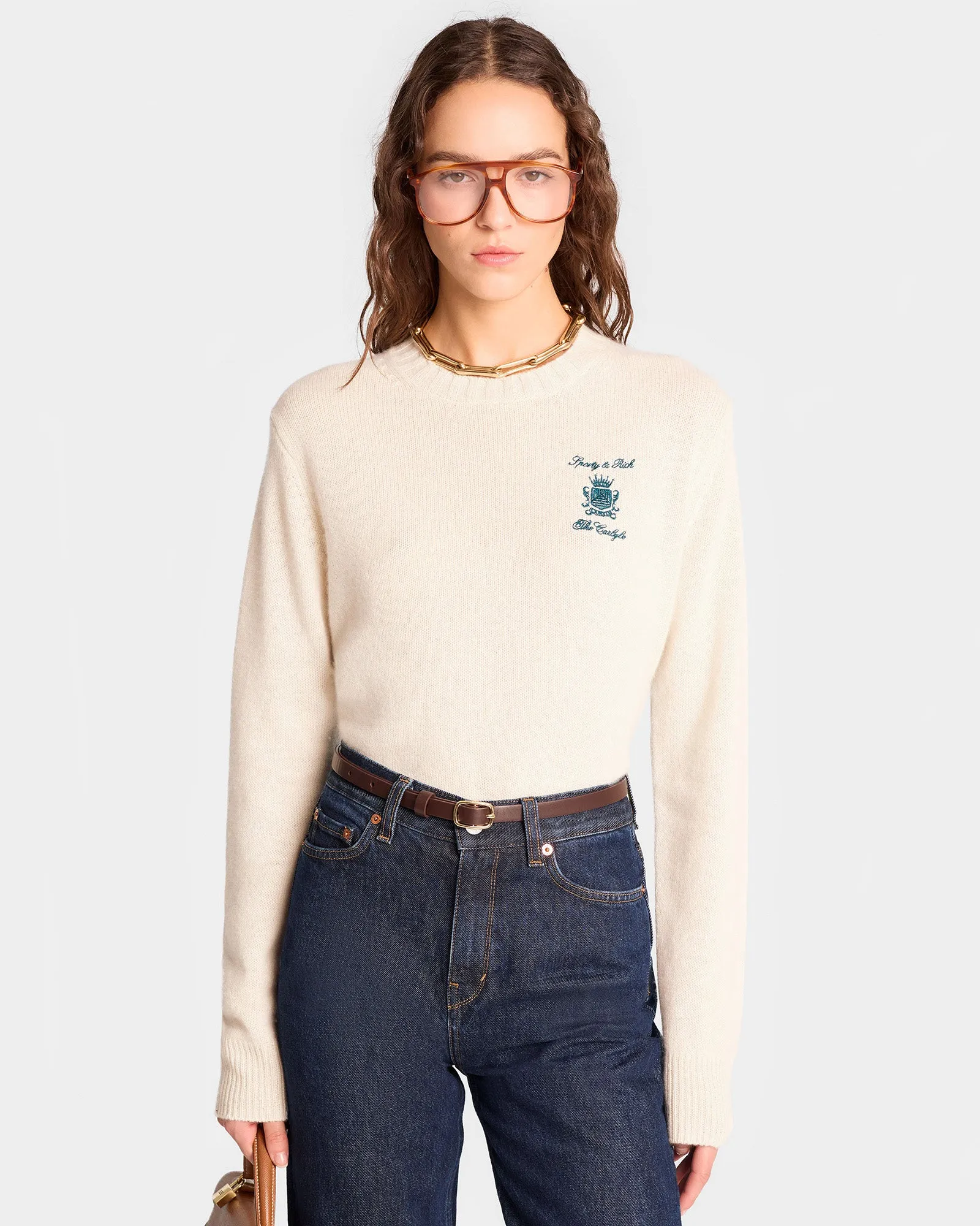 The Carlyle Crest Cashmere Crewneck - Cream/Forest