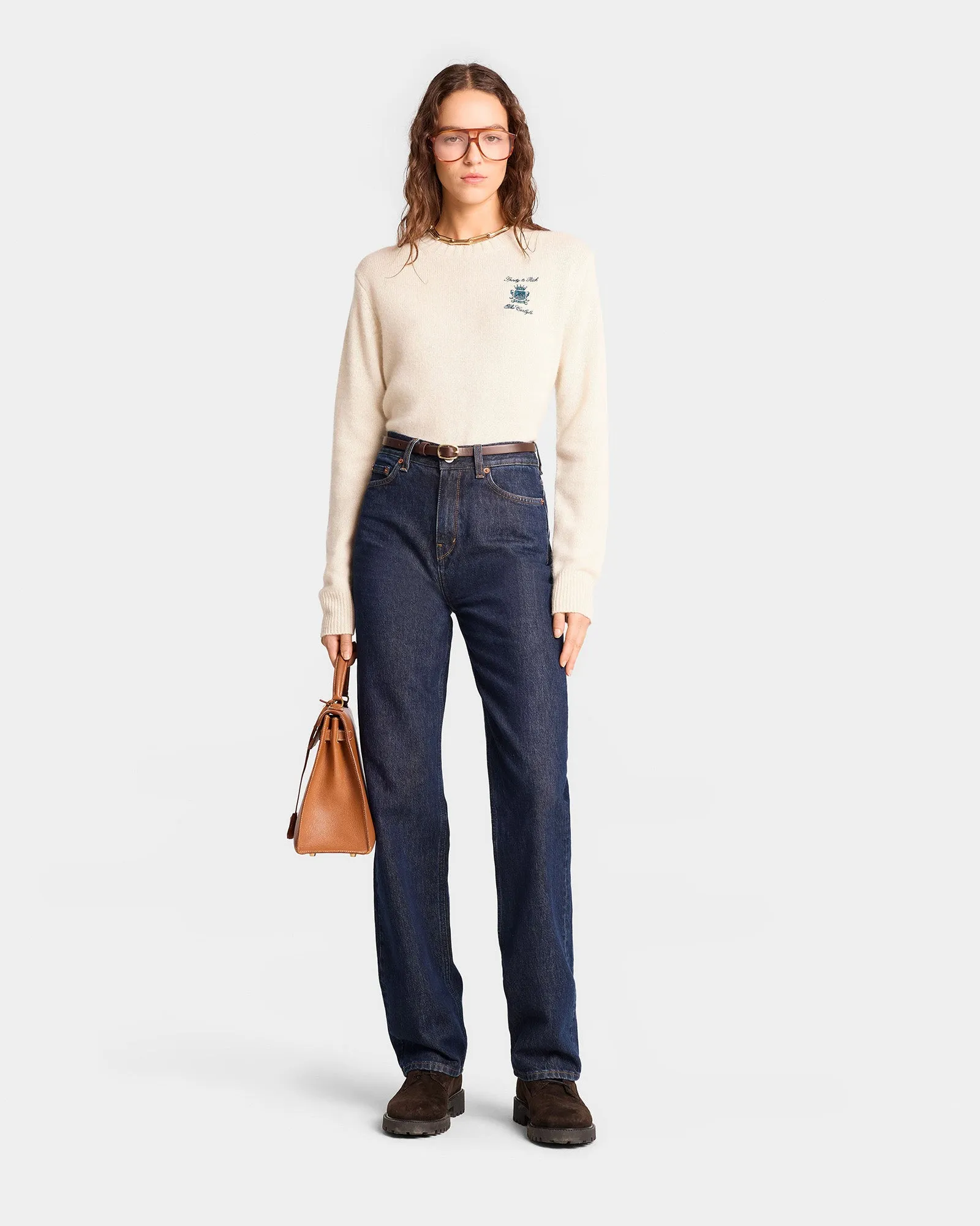 The Carlyle Crest Cashmere Crewneck - Cream/Forest