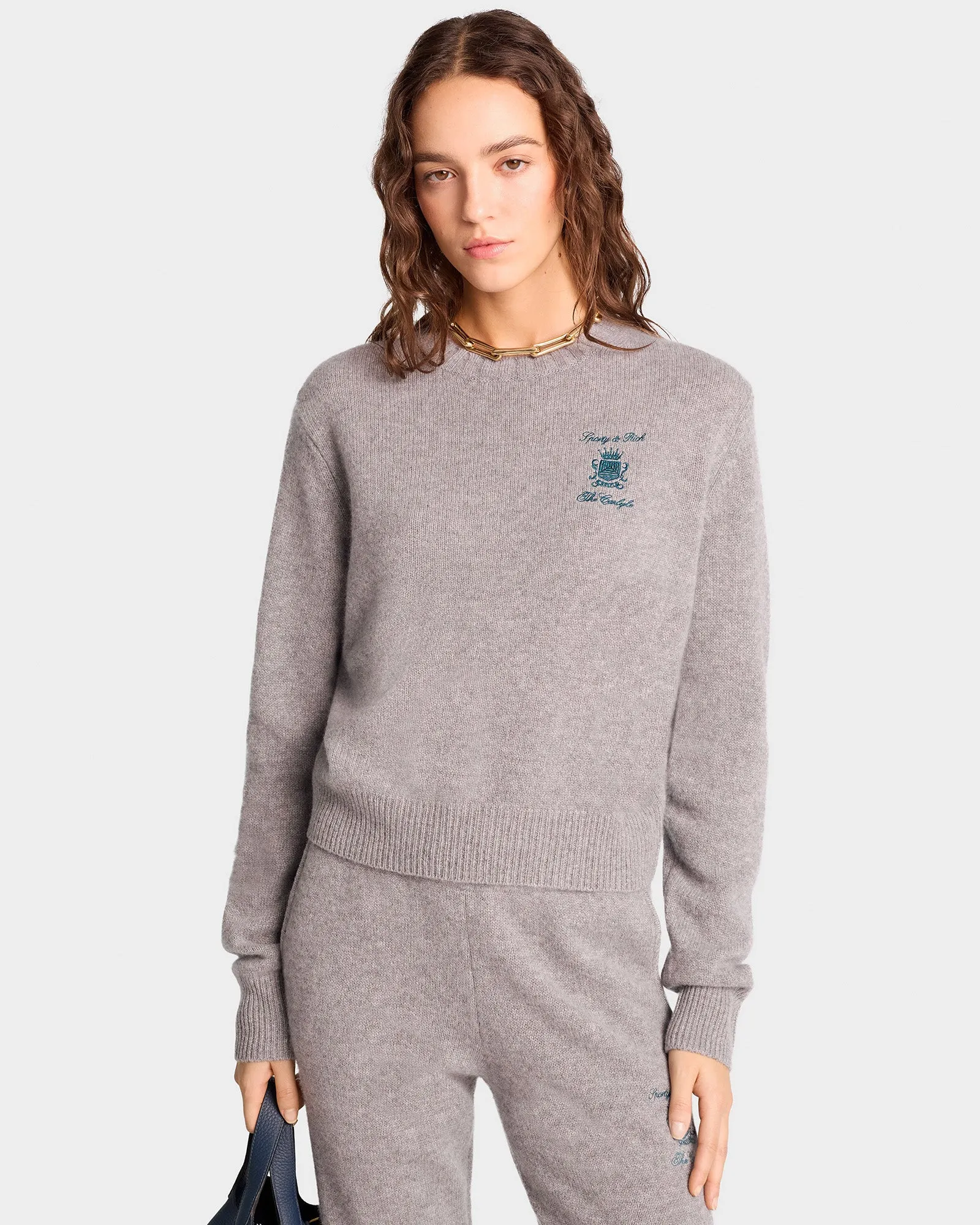 The Carlyle Crest Cashmere Crewneck - Heather Gray/Forest