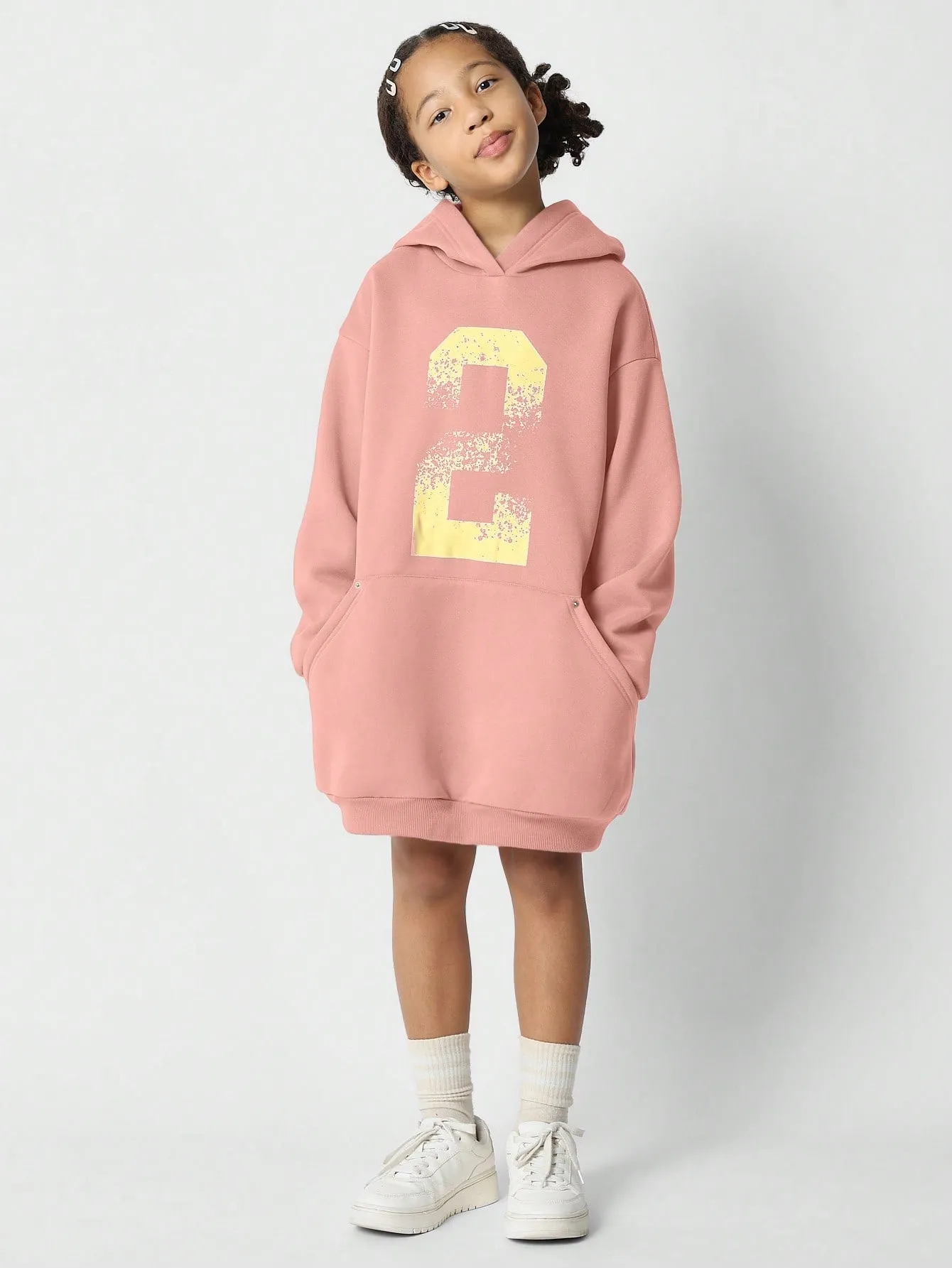 Tween Girls Comfy Oversized Hoodie Dress With Front Graphic Print