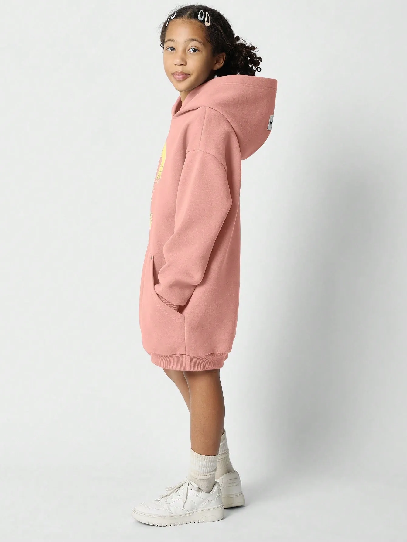 Tween Girls Comfy Oversized Hoodie Dress With Front Graphic Print