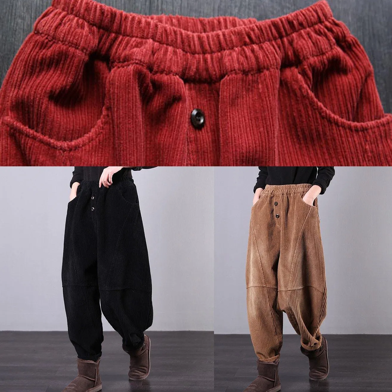 Unique black trousers oversized fall Corduroy pockets Cotton women trousers