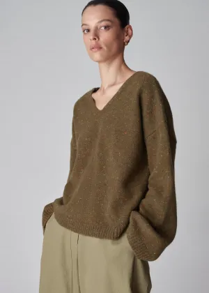 V-Neck Sweater in Wool Cashmere - Green Melange