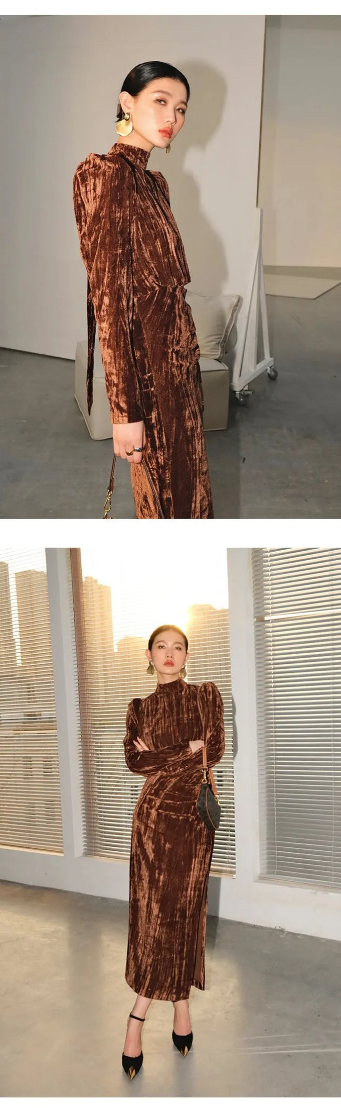 Vintage Retro highend half Turtleneck Side Slit Velvet dress - Kibeds cocoa brown