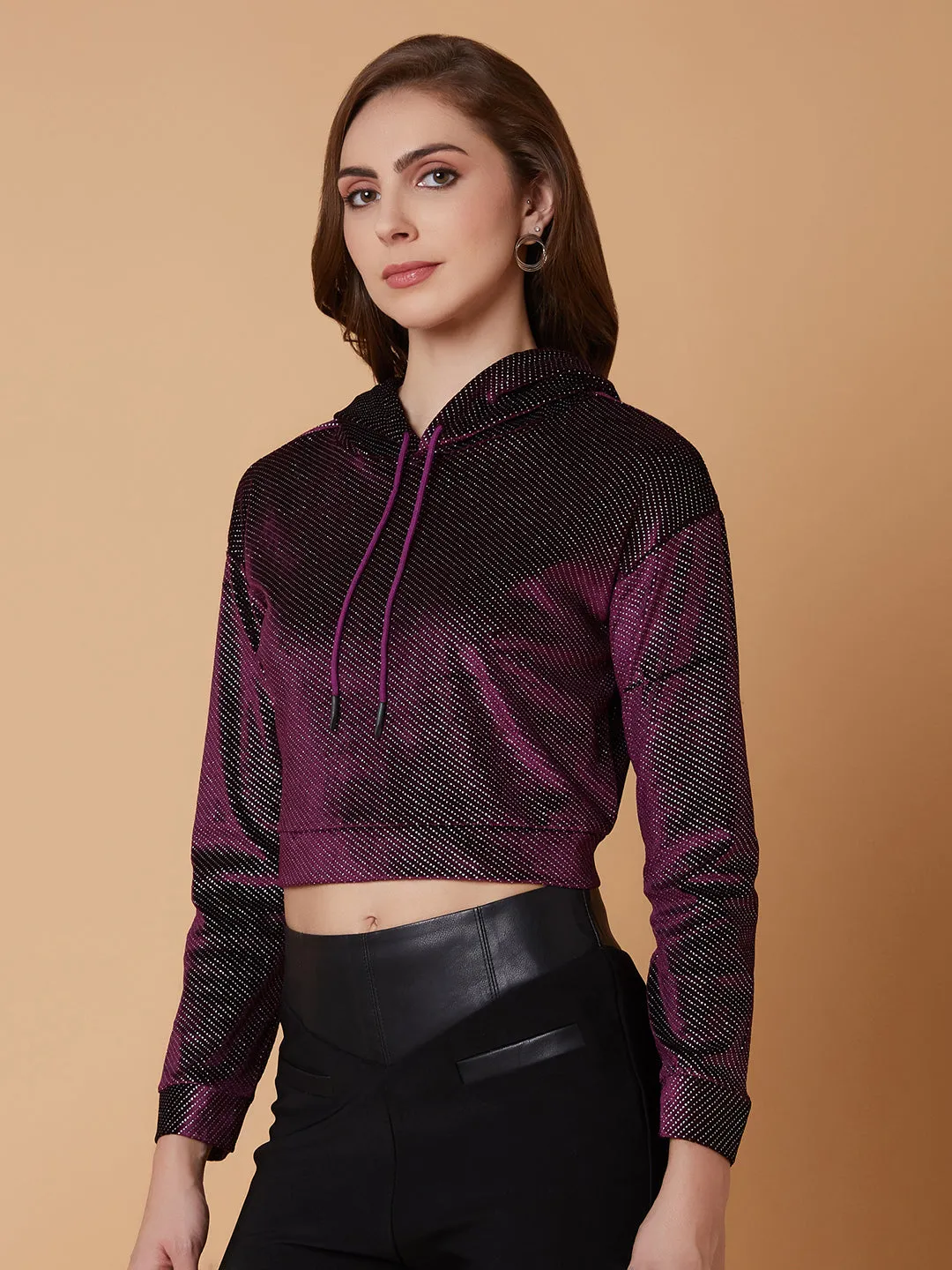 Women Solid Purple Drop Shoulder Crop Pullover