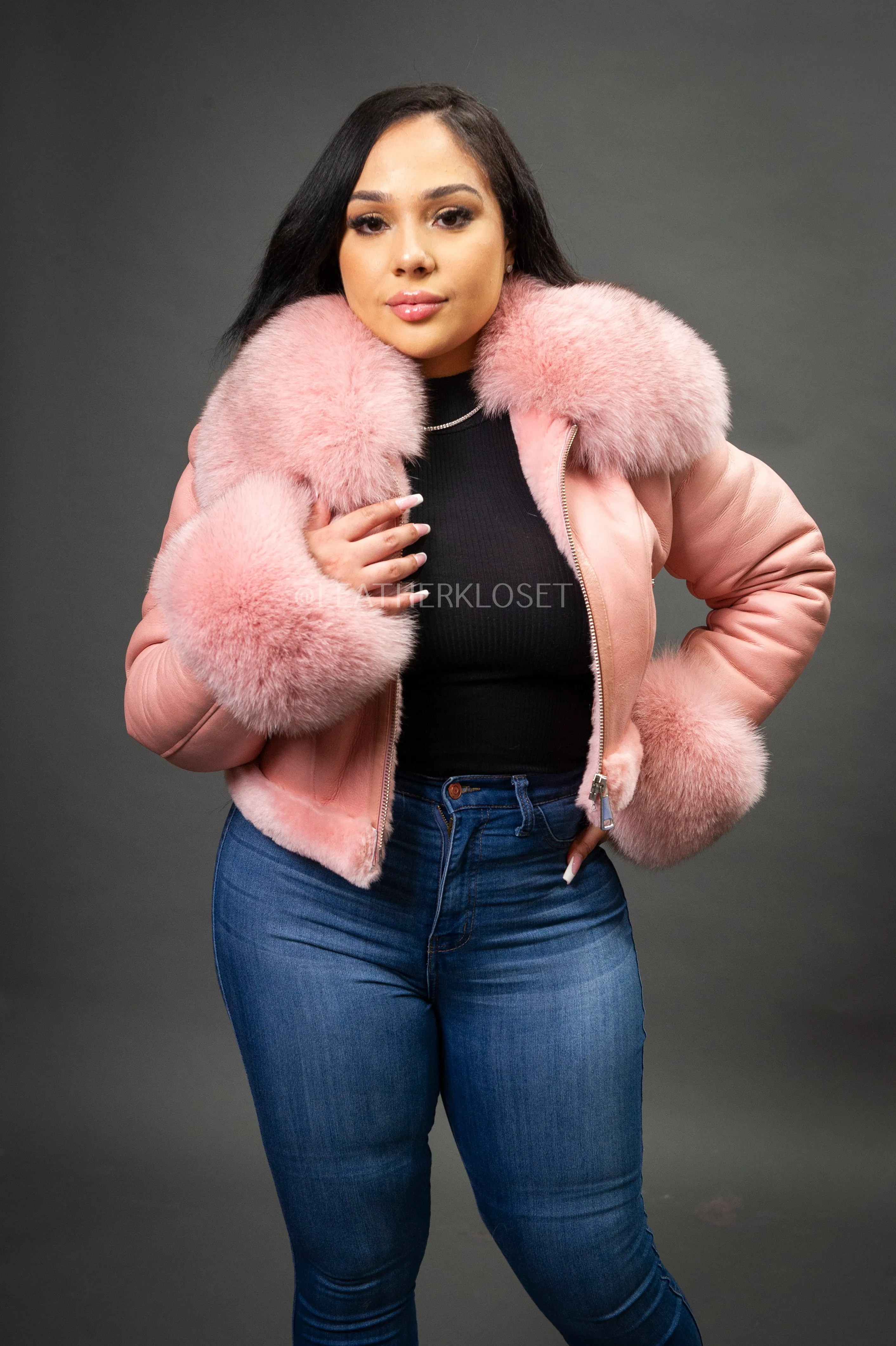 Women's Aurora Crop Sheepskin Jacket With Fox [Pink]