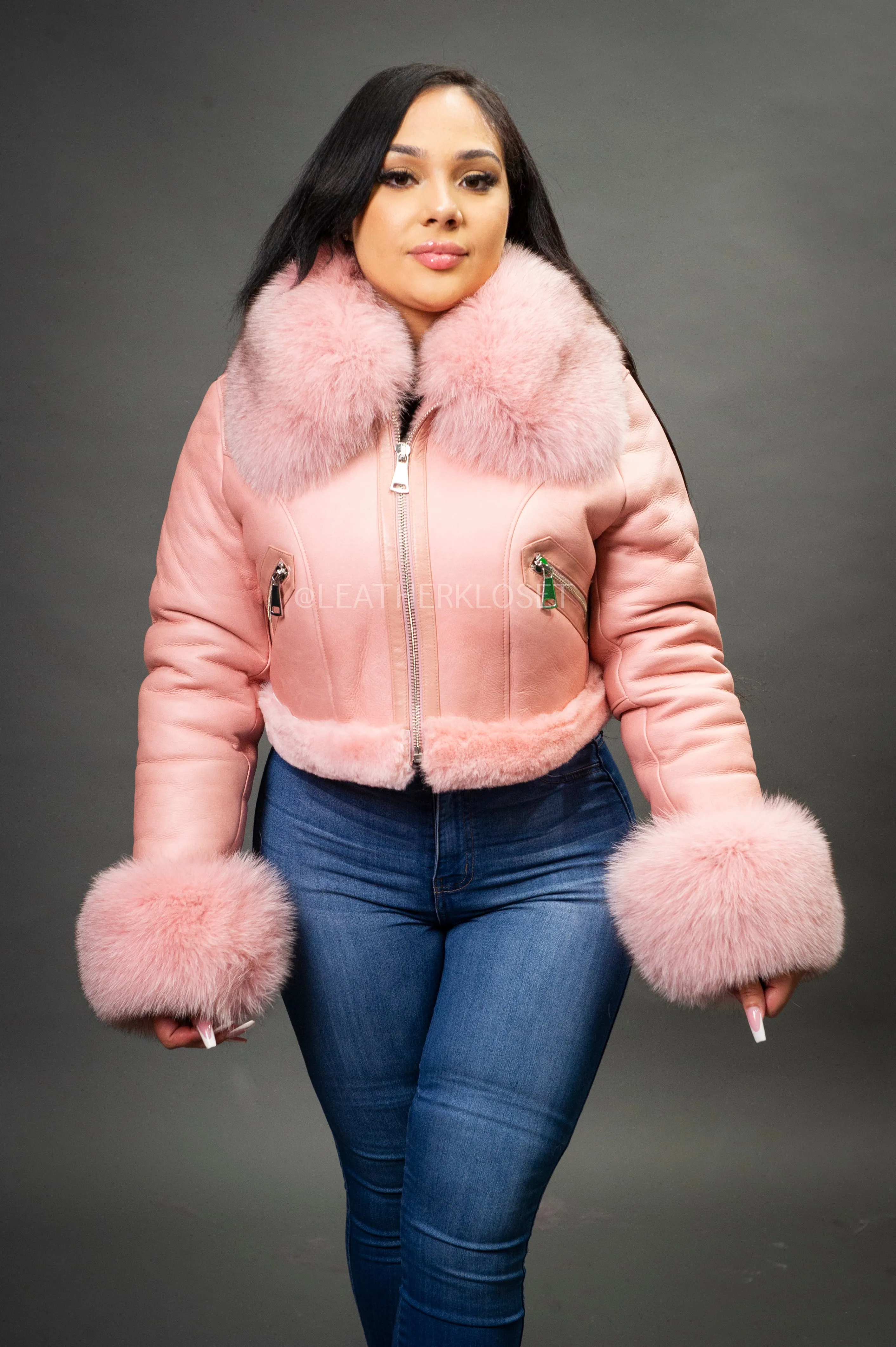 Women's Aurora Crop Sheepskin Jacket With Fox [Pink]