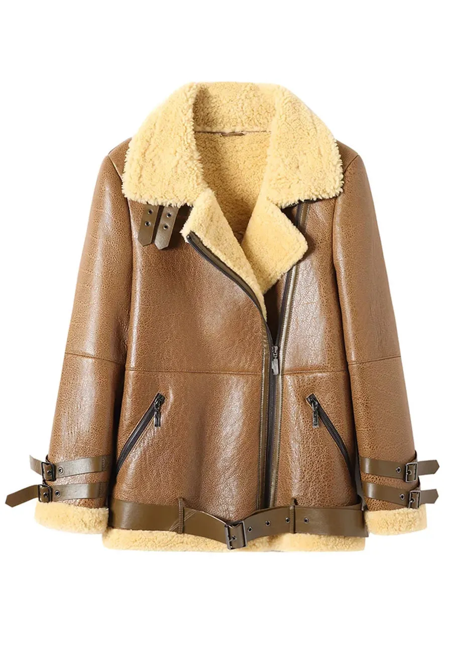 Women’s Tan Brown Leather Shearling Long Coat