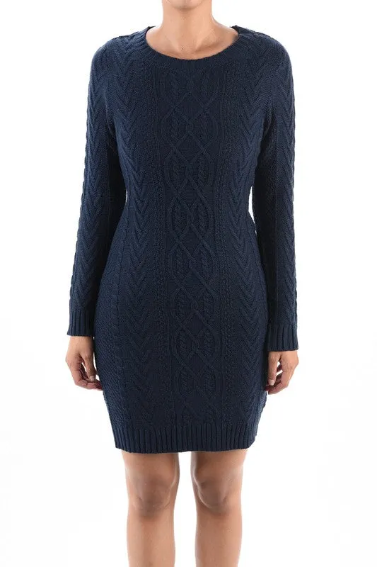 Yemak Women's Long Sleeve Knitted Feminine Cable Knit Sweater Dress MK3451