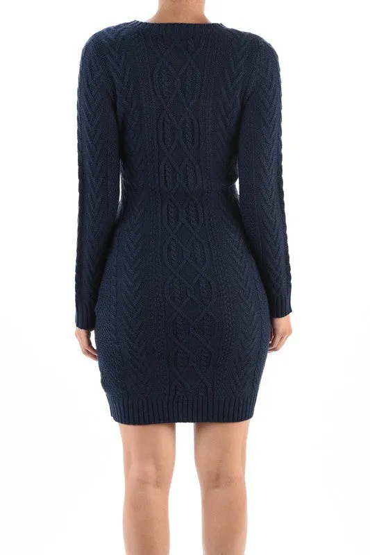 Yemak Women's Long Sleeve Knitted Feminine Cable Knit Sweater Dress MK3451